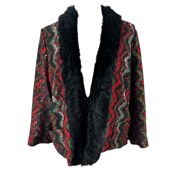 Alberto Makali Jackets & Blazers - Alberto Makali Colorful Geometric Faux Fur Lined Open Drape Cardigan Sweater Lrg